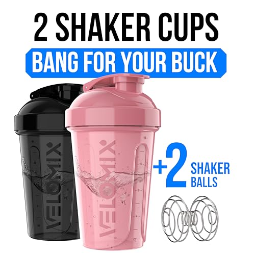 VELOMIX -2 Pack- 20 oz Protein Shaker Bottles for Protein Mixes - 2x Wire Whisk | Leak Proof Shaker Cups for Protein Shakes and Pre Workout | Protein Shaker Bottle Pack (A7) Pink/Black - color: A7) Pink / Black