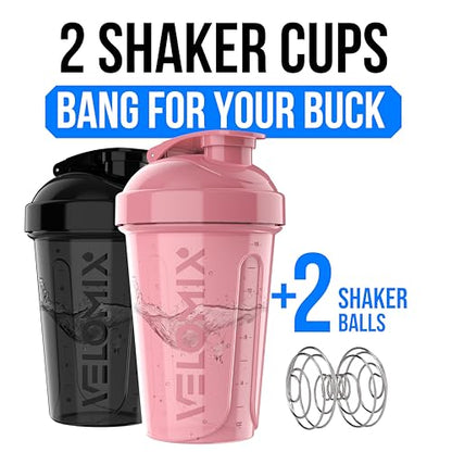 VELOMIX -2 Pack- 20 oz Protein Shaker Bottles for Protein Mixes - 2x Wire Whisk | Leak Proof Shaker Cups for Protein Shakes and Pre Workout | Protein Shaker Bottle Pack (A7) Pink/Black - color: A7) Pink / Black
