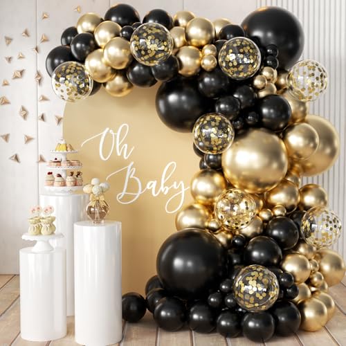 MEBAY Black Gold Silver Balloon Garland Arch Kit, 166Pcs 5 10 12 18 inch Latex Balloons with Gold Confetti for 2025 New Year Graduation Wedding Birthday Party Decoration - color: Black-gold