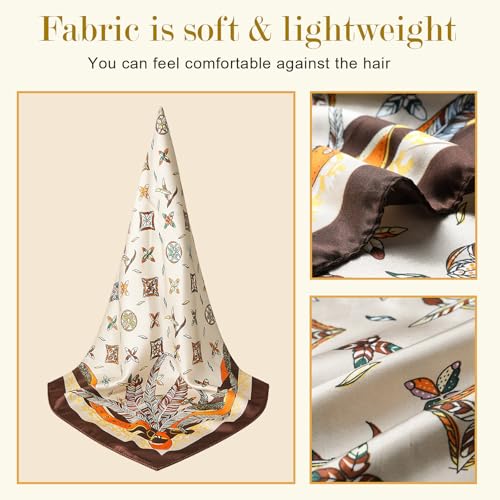 Sumolux Head Hair Scarf for Women 35" Like Satin Silk Scarf Hair Wrapping Night Bandana Large Square Scarves - color: B Brown Feather