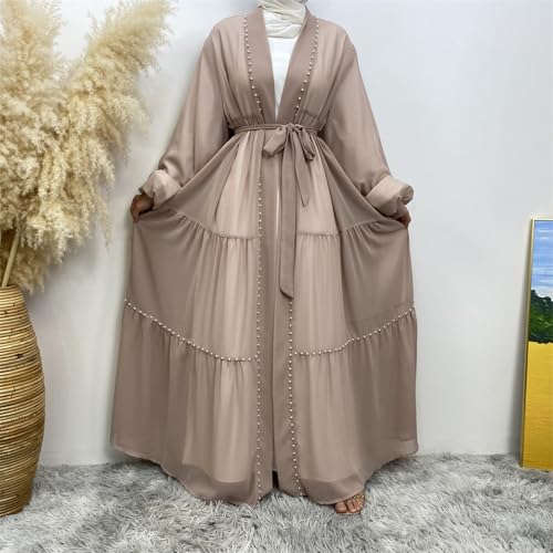 Abayas For Women Muslim Ramadan Long Sleeve Open Front Imitation Pearls Tiered Chiffon Dress Cardigan with Belt Dubai Kaftan - color: Apricot, size: Medium