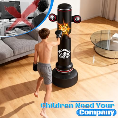 Freestanding Punching Bag with Gloves, 70'' Heavy Boxing Bag with Stand for Adult Teens, Standing Women Men Inflatable Kickboxing Bags for Beginners Training MMA Muay Thai Fitness - style: Punching Printing