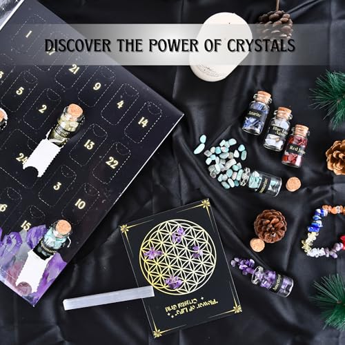 Crystal Advent Calendar for Adults Women - Healing Gemstone Advent Calendar 2025 for 24 Days Christmas Countdown - Natural Crystals Chips Bottles Gift Set for Witch Beginners