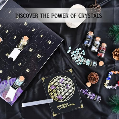 Crystal Advent Calendar for Adults Women - Healing Gemstone Advent Calendar 2025 for 24 Days Christmas Countdown - Natural Crystals Chips Bottles Gift Set for Witch Beginners
