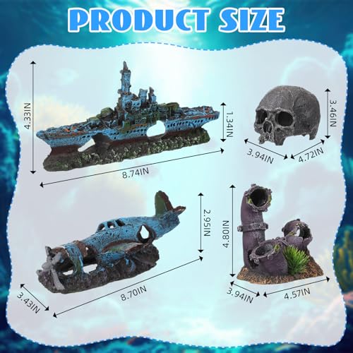 Kathfly 15 Pcs Aquarium Decoration Set, Resin Aquarium Accessories, Including a Battleship, a Broken Airplane, a Four-Way Water Pipe, a Black Skull, and Artificial Aquatic Plants(Trendy Style) - style: Trendy Style