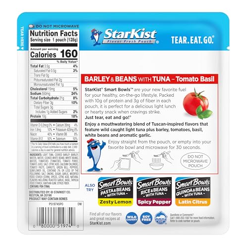 StarKist Smart Bowls Tomato Basil, 4.5 oz Pouch (Pack of 12) - Features Barley & Beans with Wild Caught Light Tuna - size: 4.5 Ounce (Pack of 12)