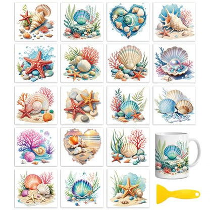 Peacoblue 18 Sheets Rub on Transfers for Crafts, Seashells Starfish and Conch 3.6"x3.9" UV DTF Cup Wraps Waterproof Rub on Cold Transfers Stickers for Wood Glass Metal Cup Tumblers Mirrors Mugs Decor - style: Seashells Starfish and Conch