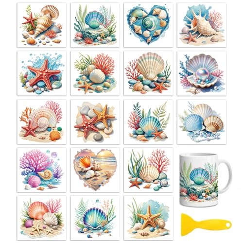 Peacoblue Seashell Starfish Conch Rub On Transfers Sticker for Craft | 18 Sheets UV DTF Transfers, Waterproof Rub On Decals for Wood, Glass, Furniture, Tumblers & Home Decor Crafts - style: Seashells Starfish and Conch