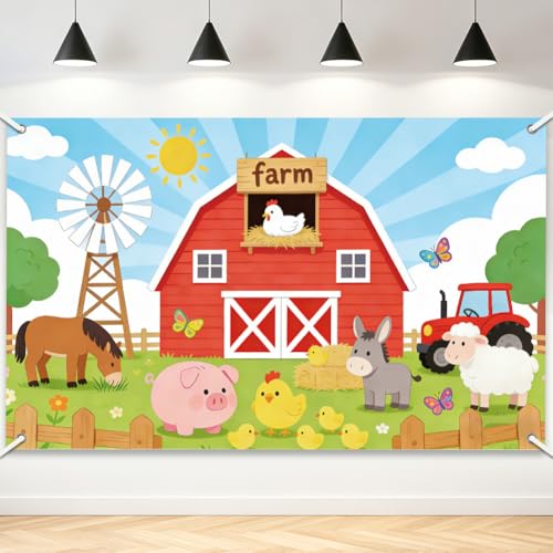 Farm Animals Backdrop Red Barn Door Animal Scenic Photo Background 5.9×3.6ft Cartoon Birthday Party Decor Photo Booth Props Banner Supplies Family Party for Cake Table Decorations - color: light blue red green