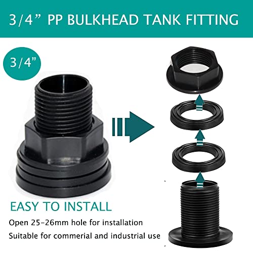 PVC Bulkhead Fitting Double Threaded Bulkhead Water Tank Connector for Rain Barrels, Aquariums, Water Tanks, Tubs, Pools, Spigot, Black, 3/4 Inch Male 1/2 Inch Female (4 Pieces)