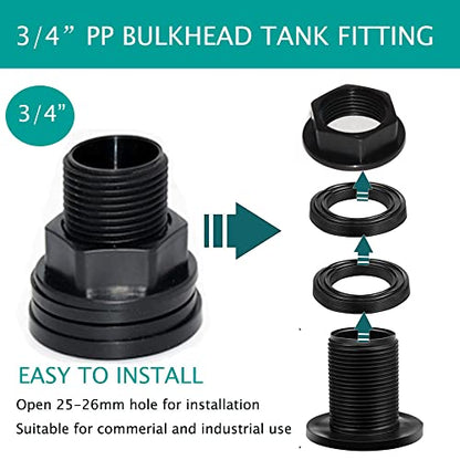 PVC Bulkhead Fitting Double Threaded Bulkhead Water Tank Connector for Rain Barrels, Aquariums, Water Tanks, Tubs, Pools, Spigot, Black, 3/4 Inch Male 1/2 Inch Female (4 Pieces)