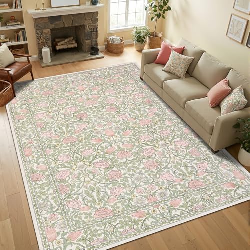 GarveeHome Pink and Green Vintage Floral Washable Rugs 5x7 for Living Room Boho Retro Botanical Rug Low Pile Stain Resistance Non Slip Carpet for Bedroom Nursery Dining Room - color: A Beige / Pink, size: 5' x 7' (Rectangular)
