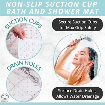 ENKOSI Non-Slip Bath & Shower Mat 40x16 Extra Long, Suction & Drain Holes | Elegant Grey Marble print; Durable PVC; 40x16 in, Grey Marble - color: Marble Gray