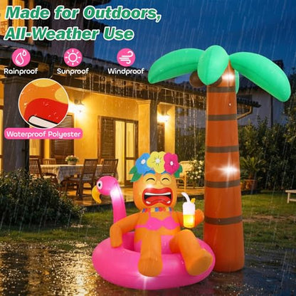 Lewondr 6FT Inflatable Tiki Luau Decor, Flamingo Coconut Palm Luau Party Decorations, Blow up Hawaiian Outdoor Decoration with 7 LED Lights, Summer Outdoor Inflatable for Tropical Pool Beach Yard Lawn - style: Flamingo Coconut Palm