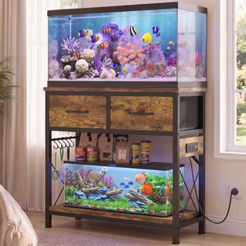 Heybly 20-29-37 Gallon Fish Tank Stand with Power Outlets & StorageHAS011SR | Aquarium Stand with Drawers & Hooks, Metal Frame, 31.5" x 15.7" Top, 400 lbs for Turtle Tank & Reptile Terrarium,Rustic Brown - color: Rustic Brown, size: 20-29-37 Gal
