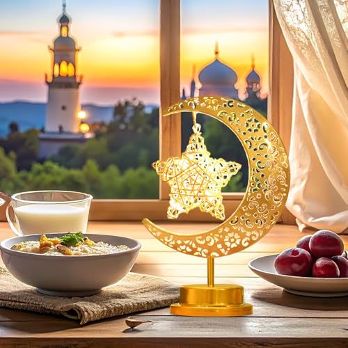 Lifnatty Moon Lamp with Hanging Star, Decorative Crescent Moon Night Light Battery Powered, Retro Metal LED Table Lamp for Bedroom Living Room Boho Home Decor, Gift for Women Birthday Christmas - style: Battery Powered Moon Star Lamp