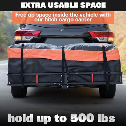 WEIZE Folding Hitch Mount Cargo Carrier Basket 60" x 20" x 6" with Waterproof Bag, Net, Strap, 2-Inch Folding Shank, 500 lbs Capacity Hitch Rack, Steel Construction - size: 60" x 20" x 6"