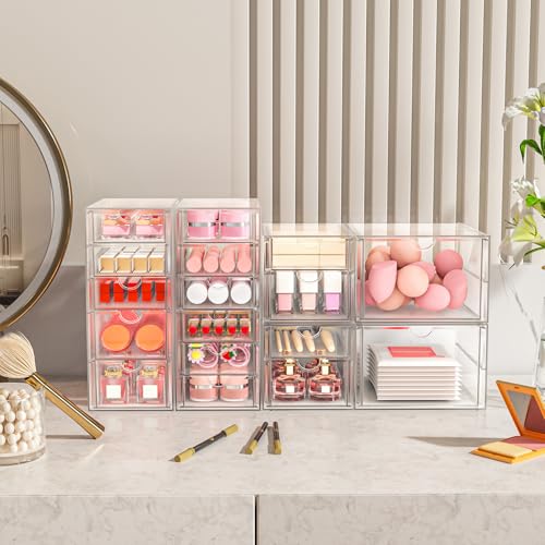 ARSTPEOE 17-Drawer Acrylic Storage & Makeup Organizer for Desk, Bath | Smooth-glide drawers, clear acrylic, 4-set stackable, dustproof, wipe-clean, for serum samples, sheet masks, bobby pins - size: 17 Drawers