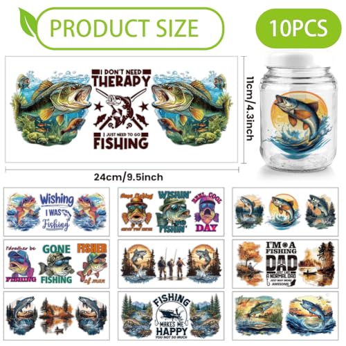 arricraft 10 Pcs Colorful Go Fishing Theme Cup Printing UV Transfer Papers, 10 Styles Streamside Lake Fores Boat Fisherman UV DTF Cup Wrap Stickers for 16 OZ Glass Cups Crafts 9.5x4.3inch - style: Go Fishing Theme