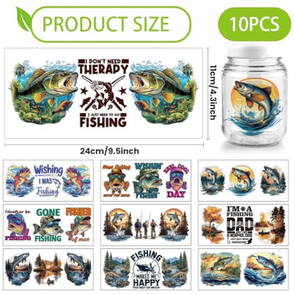 arricraft 10 Pcs Colorful Go Fishing Theme Cup Printing UV Transfer Papers, 10 Styles Streamside Lake Fores Boat Fisherman UV DTF Cup Wrap Stickers for 16 OZ Glass Cups Crafts 9.5x4.3inch - style: Go Fishing Theme