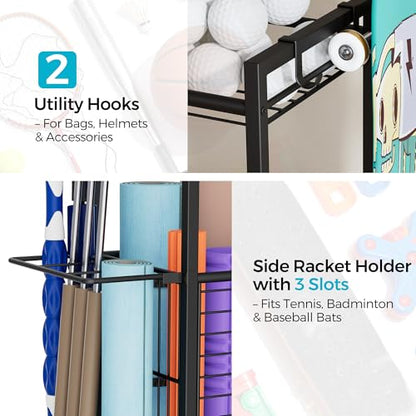 Sports Equipment Storage Rack with Wheels, 3-Tier Ball Organizer | Large Capacity Sports Gear & Toy Organizer with Racket Slots, Hooks, for Garage, Home Gym & Backyard, 31" W