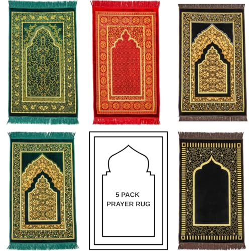 Muslim Prayer Rug, 5 Pcs, Soft Plush Thin Islamic Prayer Mat, Janamaz, Sajada, Praying Carpet, Islamic Gift for Men & Women, Islamic Ma, Eid & Ramadan Gift with Prayer Beads, 26x43 inch - color: Tabuk / 5 Mix