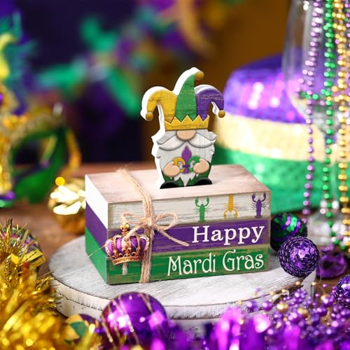 4 Pcs Mardi Gras Decorations Wooden Mardi Gras Table Centerpiece Crawfish Gnome Carnival Tiered Tray Decorations Mini Wooden Faux Books Stack Signs for Masquerade Office Tabletop Bookshelf - style: Crowns