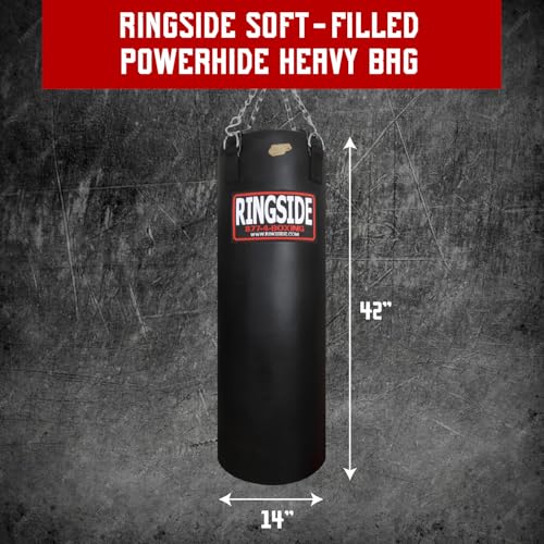 Ringside 100 lb Powerhide Heavy Bag for Boxing, MMA, Muay Thai & Kickboxing, Soft Filled Punching Bag with Foam Liner, Chain & Swivel Included, Black