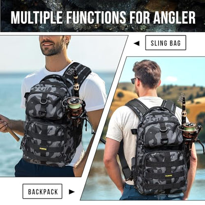 PLUSINNO Fishing Backpack with Tackle Boxes, Waterproof Fishing Sling Tackle Bag For Fishing Gear With Rod Holder, Fishing Gifts for Men With Fishing lures, Fishing pliers. - color: Black Fishing Backpack With Fishing Tools