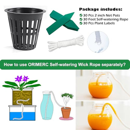 ORIMERC 2 inch Net Cups Pots 30 Pack with 30 feet Self Watering Wick & 30 Plant Labels for Hydroponics Aquaponics Planter Indoor Outdoor Growing Baskets Slotted Mesh UV Resistant & BPA Free - size: 2 inch (30 Pack)