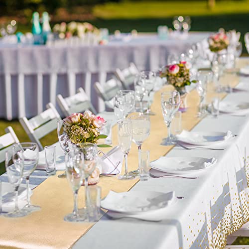 Breling 8 Pack White and Gold Disposable Plastic Tablecloths and Satin Table Runner Set, 54 x 108 Inch Tablecloth, 12 x 108 Inch Table Runners for Wedding First Communion Baby Shower Graduation - color: Gold