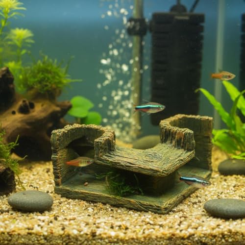 Aquarium Corner Cave Tunnel Decoration, Resin Fish Tank Hideout for Betta, Shrimp, Cichlid and Guppy, L-Shaped Underwater Hollow Log Ornament