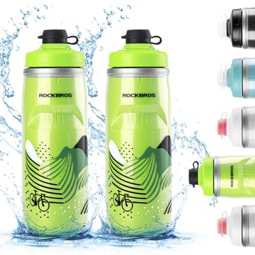 ROCKBROS Bike Water Bottle, 21oz Insulated Cycling Squeeze Bottle | 21oz Insulated Bike Bottle Keeps Drinks Cold for Hours, with Soft Squeeze Design, Leakproof Spout and Universal Cage Fit - color: Green*2 Pack