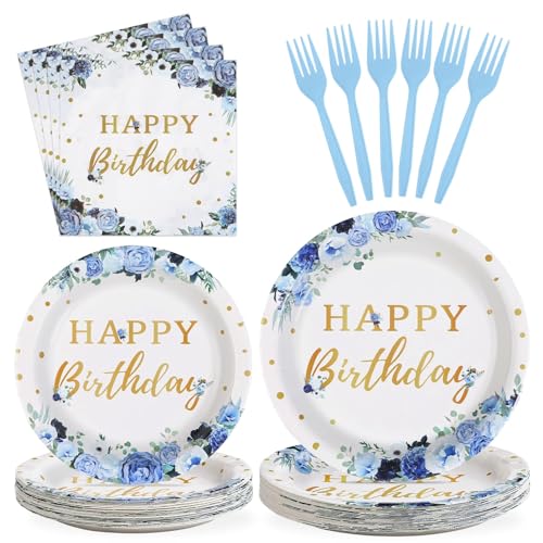 Grencian 96 Pcs Blue Flower Birthday Party Decorations, Serves 24 - style: Blue Floral Birthday