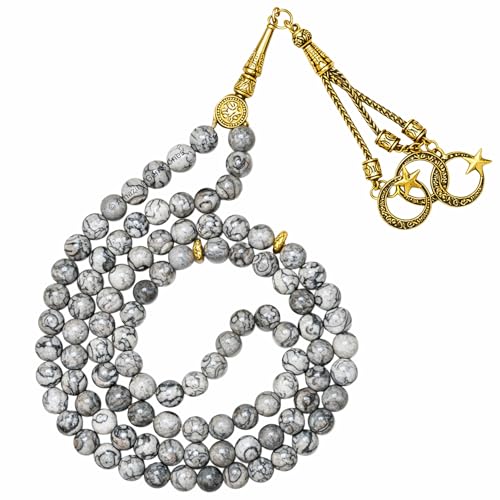 Amazing Gemstone Crystal Tasbeeh with Moon and Star Charm - Certified Crystal Muslim Prayer Beads Natural Gemstone Tasbih Gift for Ramadan Dhikr and Daily Namaz (G) - color: Black Piccaso