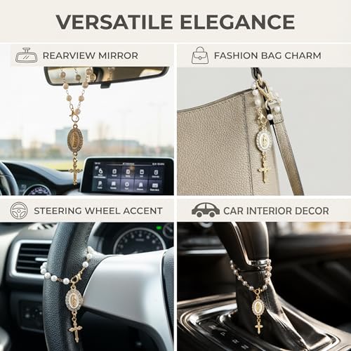 Car Rosary for Car, Steering Wheel Charm, Steering Wheel Rosary Charm with Virgin Mary & Cross, Cars Accessories for Rearview Mirror Protection Decor - style: A