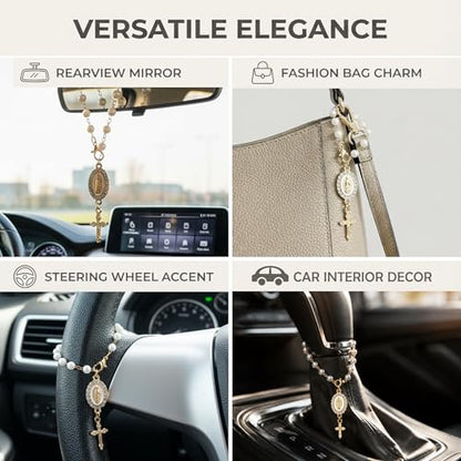 Car Rosary for Car, Steering Wheel Charm, Steering Wheel Rosary Charm with Virgin Mary & Cross, Cars Accessories for Rearview Mirror Protection Decor - style: A