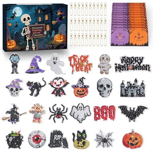 Diamond Painting Advent Calendar 2026 for Girls Kids Halloween Count Down Calendar with 24 pcs Dimond Art Craft Painting Kits Accessories for DIY Gem Keychains Arts and Crafts for Halloween Trick or Treat Stuffers - color: white