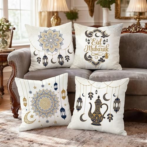 Lantern Throw Pillow Covers Set of 4, Islamic Festive Crescent Star Eid Gold Soft Velvet Washable Cushion Covers Pillow for Living Room Bed Office Sofa Chair Decor 18x18 Inch - size: 18" x 18" (Pack of 4)