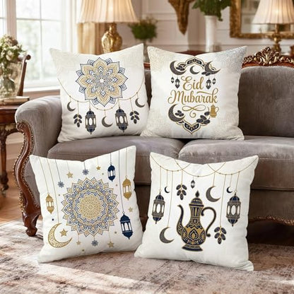 Lantern Throw Pillow Covers Set of 4, Islamic Festive Crescent Star Eid Gold Soft Velvet Washable Cushion Covers Pillow for Living Room Bed Office Sofa Chair Decor 18x18 Inch - size: 18" x 18" (Pack of 4)