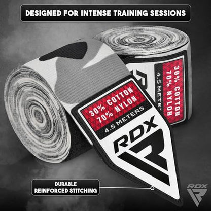 RDX Boxing Hand Wraps 4.5M / 180 Inches – Mexican Style Semi-Elastic MMA Inner Gloves - Wrist Support for Muay Thai, Kickboxing, BJJ, Karate - Thumb Loop & Hook and Loop Closure - Cotton & Nylon Blend - color: Camo
