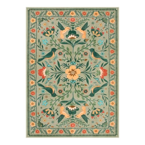 Moynesa Living Room Rug 5x7, Washable Modern Farmhouse Green Area Rugs for Bedroom Dining Room, Country Floral Bird Print Pattern Carpet, Aesthetic Home Decorations Open Floor Areas Protection - color: Sage Green, size: 5' x 7' (Rectangular)
