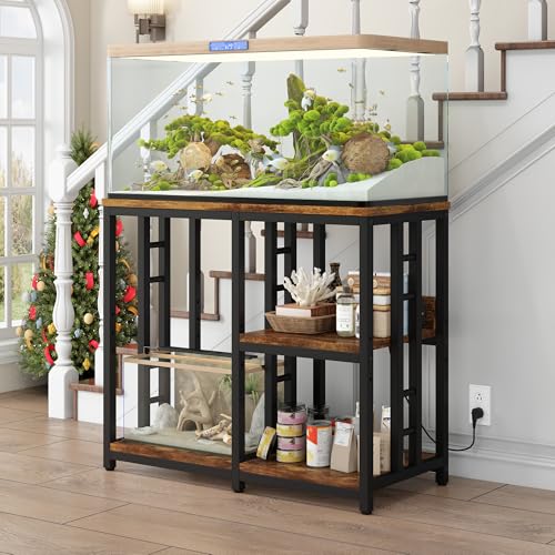 Heavy Duty 40-50 Gallon Aquarium Stand with Power Outlets, 3-Tier Adjustable Metal Fish Tank Stand with Storage Shelf for 5-10 Gallon Tanks, Reptile Terrariums & Supplies Organizer, 720LBS Capacity - color: Black + Brown