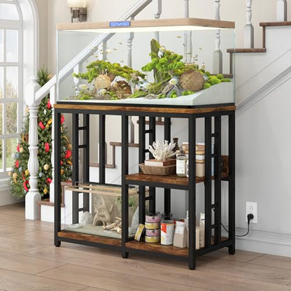 Heavy Duty 40-50 Gallon Aquarium Stand with Power Outlets, 3-Tier Adjustable Metal Fish Tank Stand with Storage Shelf for 5-10 Gallon Tanks, Reptile Terrariums & Supplies Organizer, 720LBS Capacity - color: Black + Brown