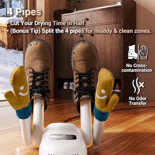 Boot Dryer, Shoe Dryer, Electric Gloves Warmer | Boost Mode, 4-Pipes with Timer, UV Light Sanitization & Odor Absorption, Quiet Portable Warmer for Ski Boots, Shoes, Gloves, Socks, Hats
