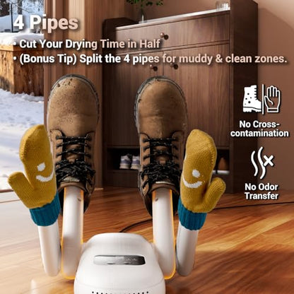 Boot Dryer, Shoe Dryer, Electric Gloves Warmer | Boost Mode, 4-Pipes with Timer, UV Light Sanitization & Odor Absorption, Quiet Portable Warmer for Ski Boots, Shoes, Gloves, Socks, Hats