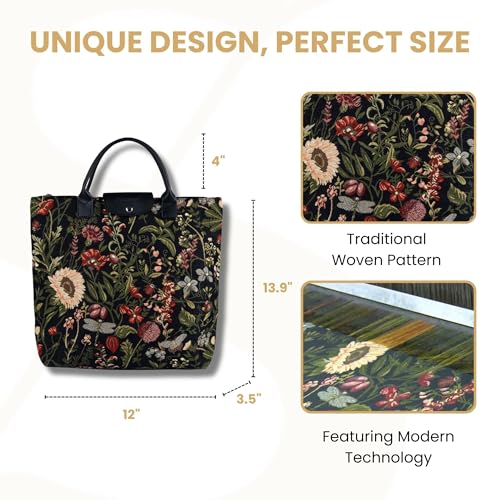 Signare Tapestry Foldable Tote Bag Reusable Shopping Bag Grocery Bag - color: Morning Garden Black