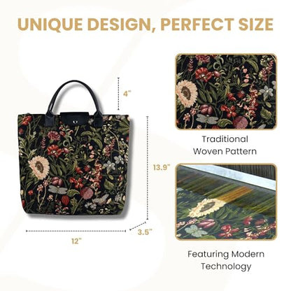 Signare Tapestry Foldable Tote Bag Reusable Shopping Bag Grocery Bag - color: Morning Garden Black