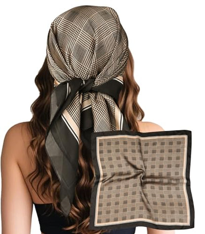 Sumolux Head Hair Scarf for Women Like Satin Silk Scarf Bandana Hair Wrapping Night Large Square Scarves 27.5" - color: Coffee Plaid Stripes