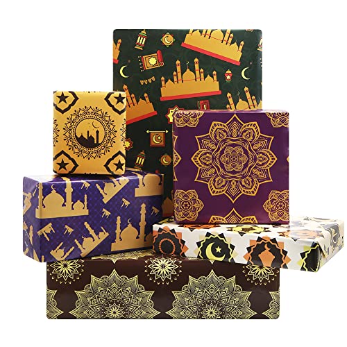 Apol Vintage Gift Wrapping Paper,Ramadan Eid Mubarak Wrapping Paper Blue Castle Stars Moon Retro Flower 6 Folded Sheets Birthday Gift Wrap Craft Paper for Ramadan Party Gift Decoration,28 x 20 Inch